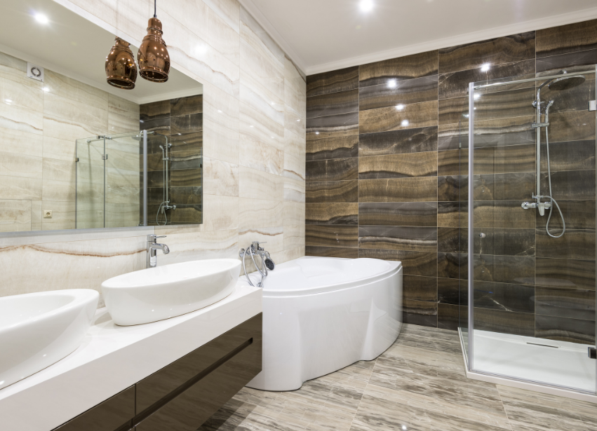 Bathroom showing a full suite and shower area during a staged renovation