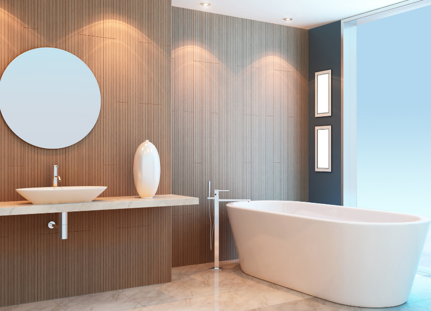 Luxury bathroom with freestanding bath and wood slat feature wall