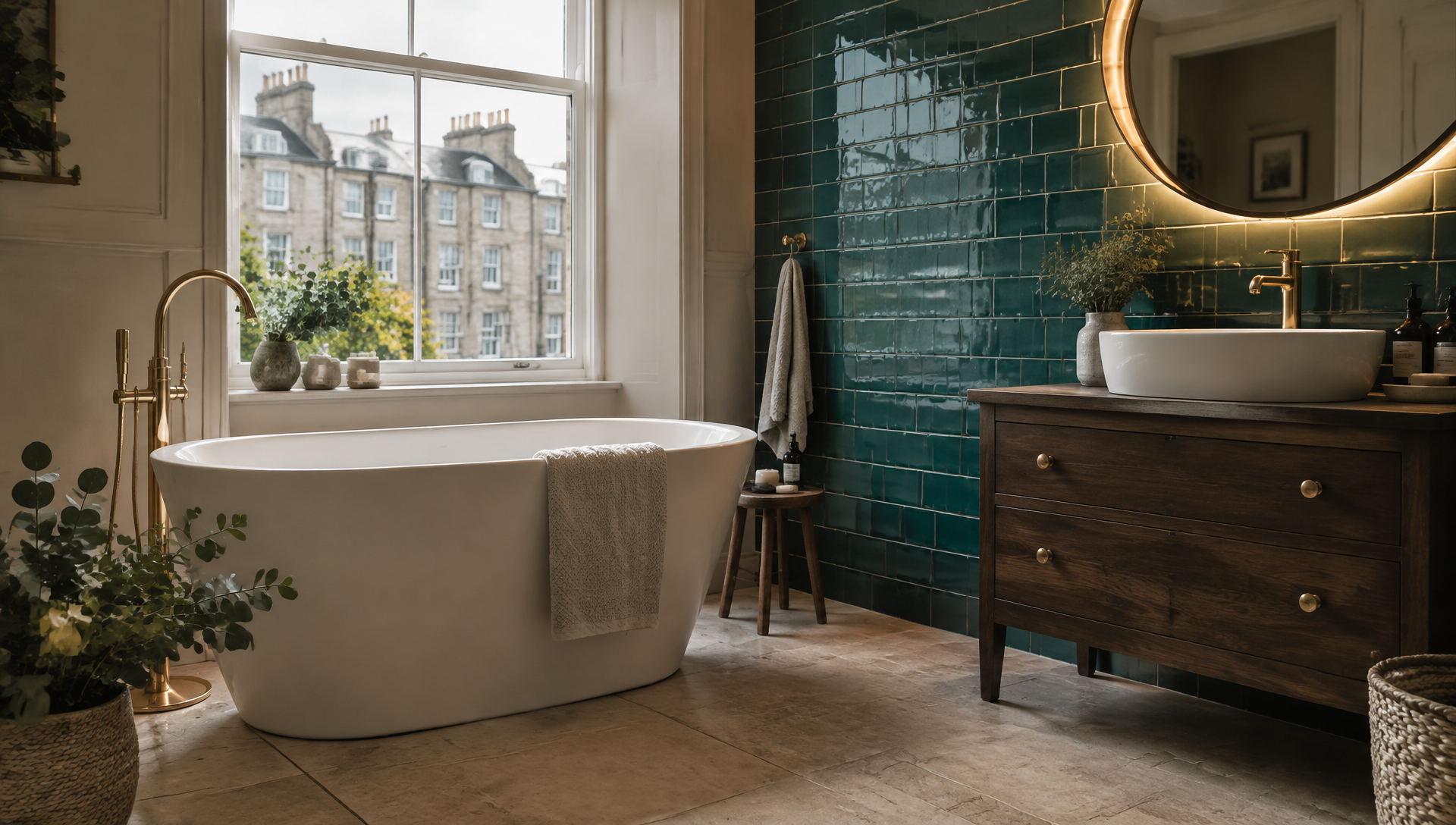 Luxury bathroom with freestanding bath and wood slat feature wall